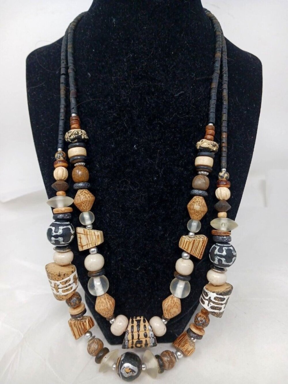 Ethnic Wood Necklace Carved Beaded 2 Strand Earthy Bohemian Tribal 22" & 25" #J7 - Picture 2 of 5